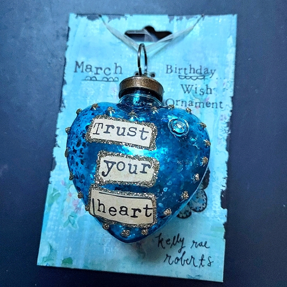 DEMDACO March Birthday Wish Glass Heart Ornament 3 x 2 Inches Blue Birthstone